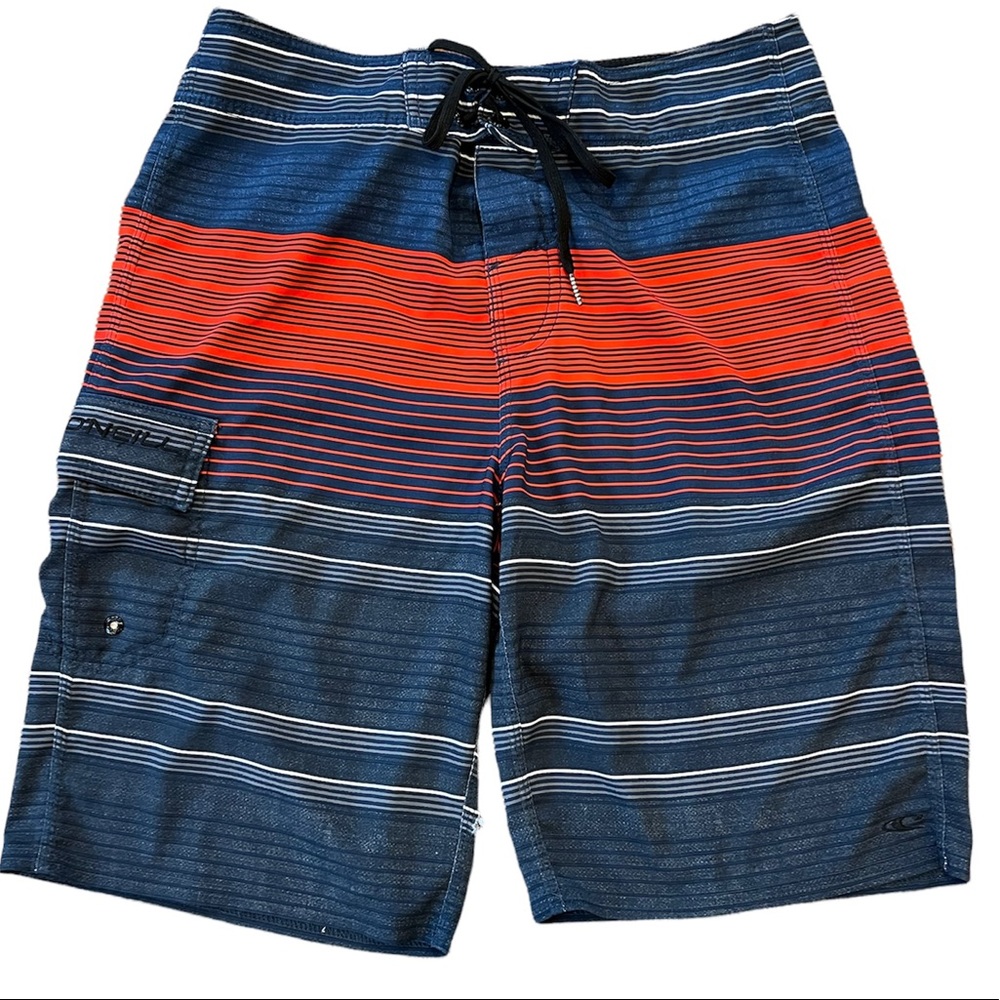 Mens O’Neill navy blue and red striped board shorts